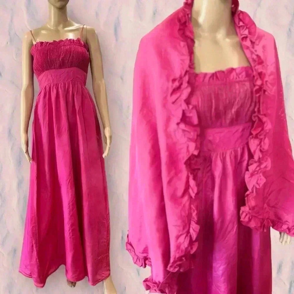 Vintage pink 80’s taffeta maxi dress matching shawl smocked top-Sm - Picture 4 of 14